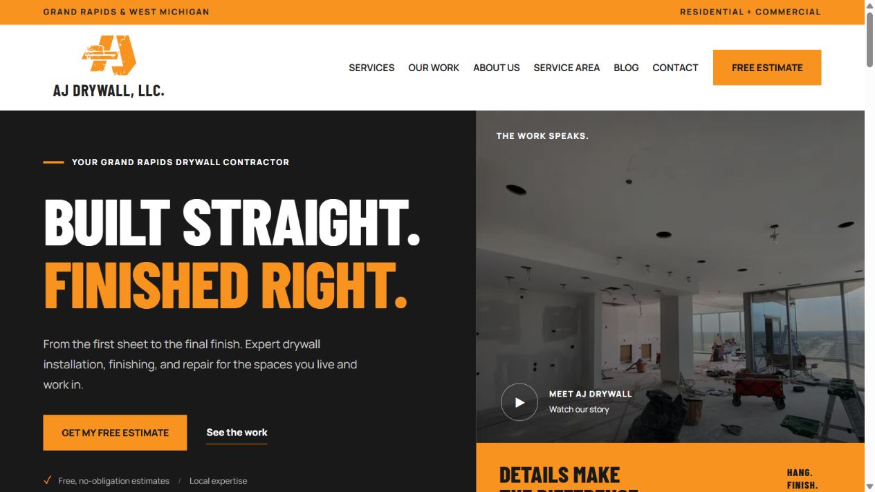 AJ Drywall’s current homepage, with its orange branding, real project photography, and free estimate call to action