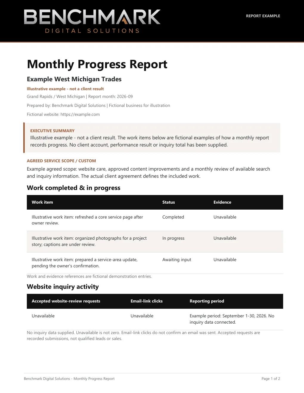 First page of an illustrative Benchmark monthly progress report