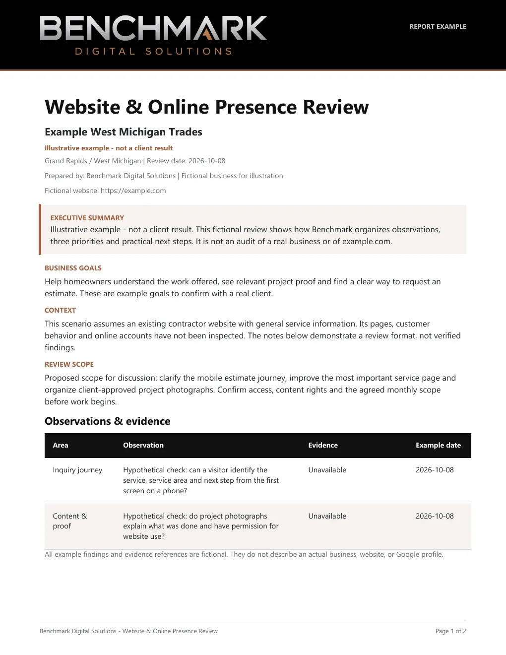 First page of an illustrative Benchmark website review
