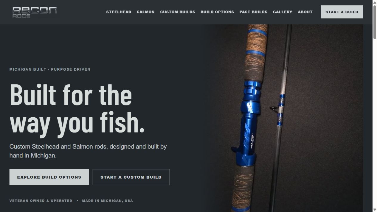 Recon Rods' current homepage, presenting its custom steelhead and salmon rods