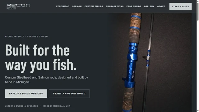 Recon Rods website designed by Benchmark, showing its custom fishing rod homepage and build options